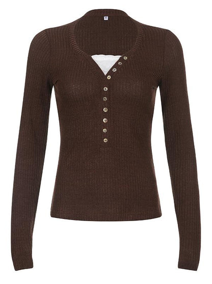 Brown Long Sleeve Knit Top with Lace Pattern and Buttons