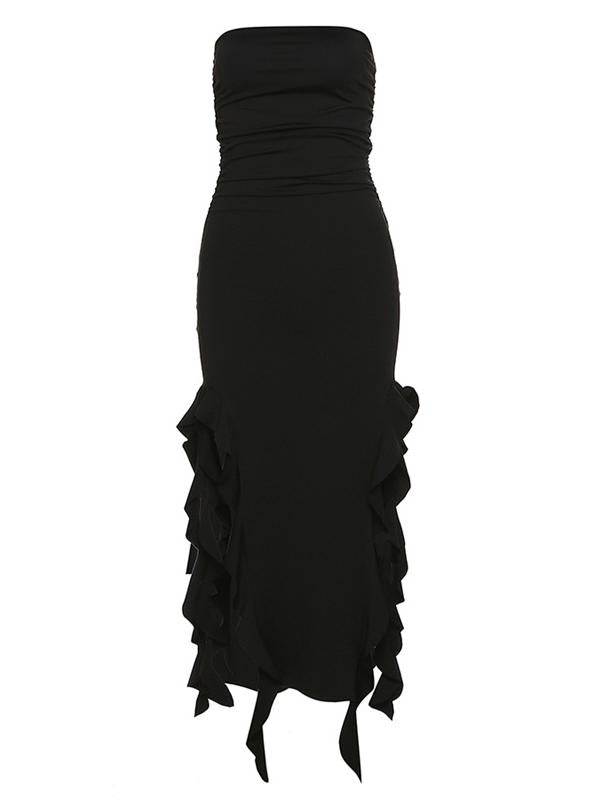 Black asymmetric bandeau maxi dress with ruffles
