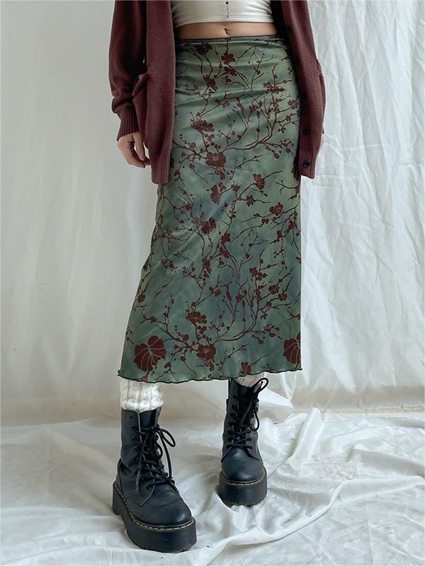 Vintage Floral Green Midi Skirt