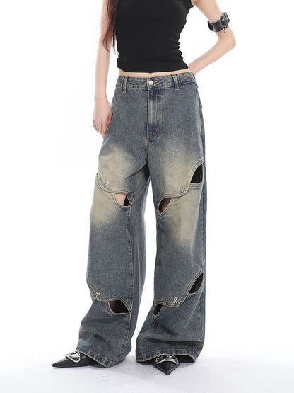 Deconstructed Washed Effect Baggy Boyfriend Jeans