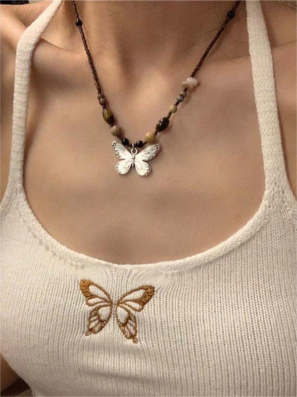 Vintage Beaded Stone Butterfly Necklace/Vintage Beaded Stone Butterfly Necklace