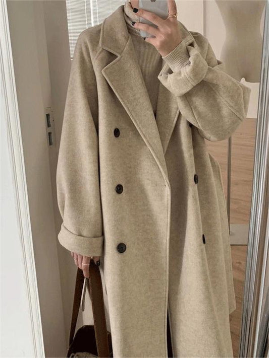 Classic Oversized Long Coat with Lapel Collar and Belt