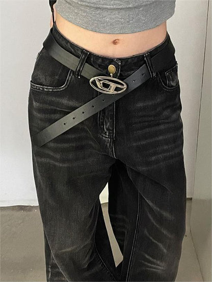 Black Retro Belt with Silver Letter Logo