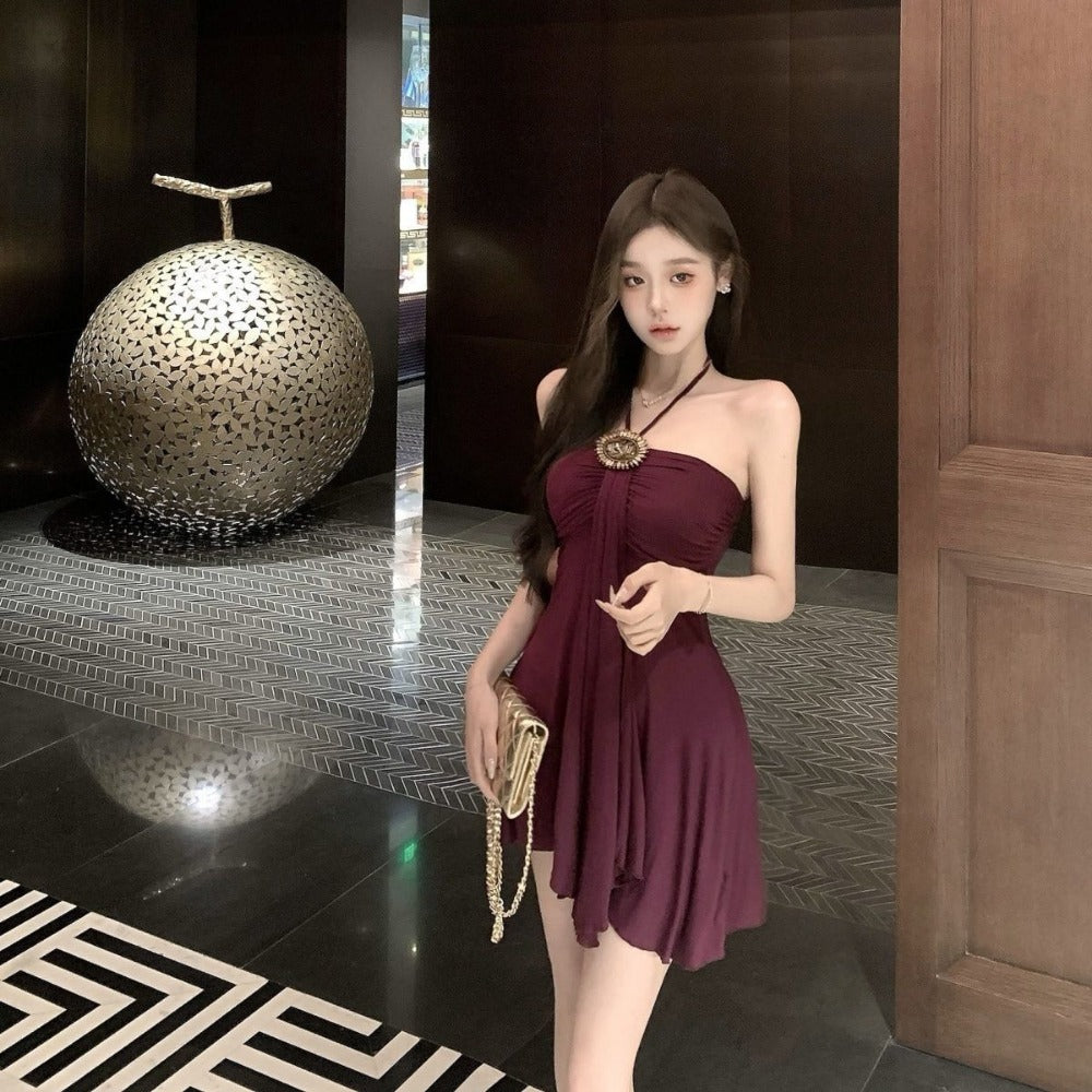 Wine Red Halter Mini Dress for Women - Isabella