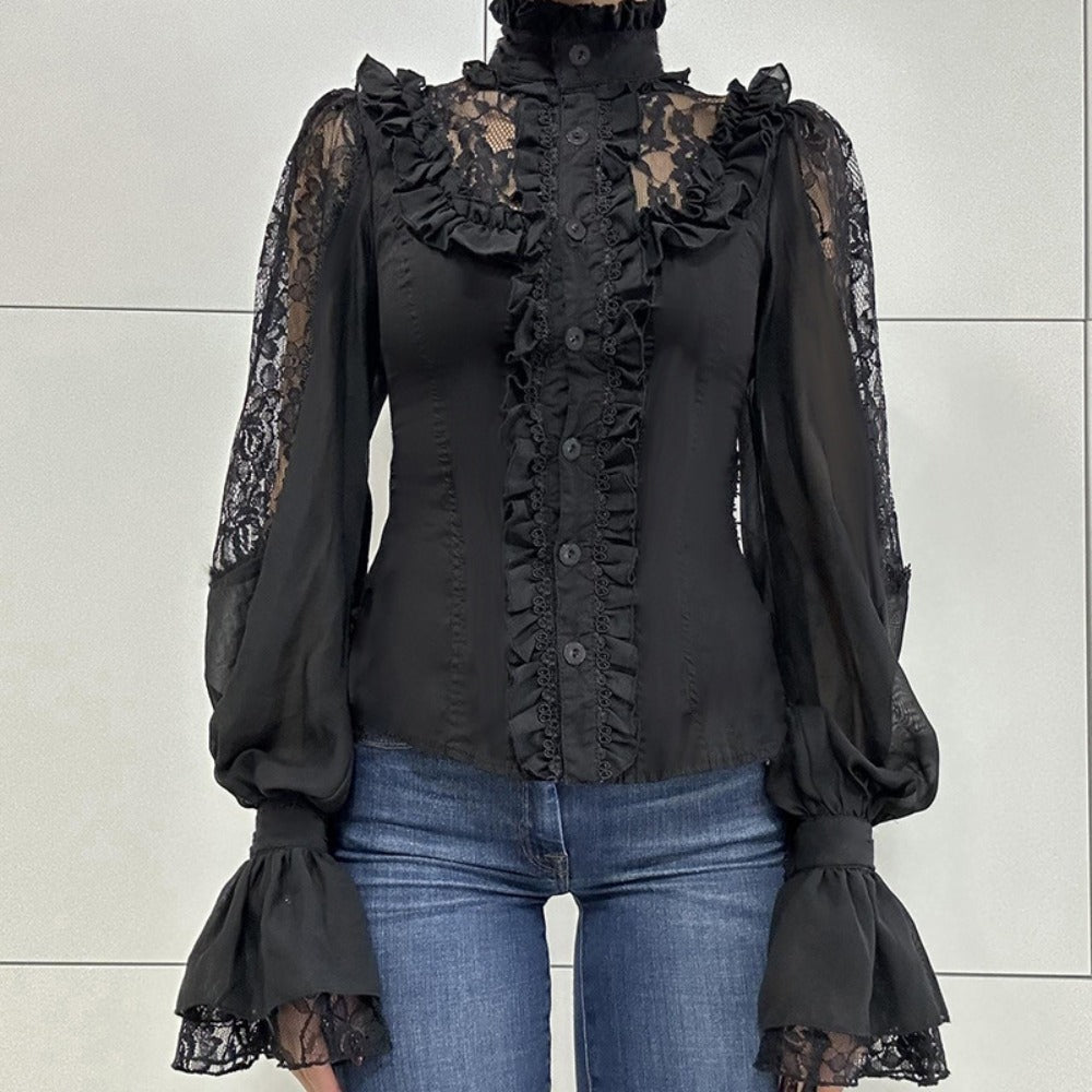 Black Lace Long Sleeve Button Blouse with Ruffles for Women - Olimpia