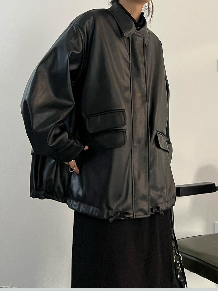 Retro Oversized Schwarze Faux Lederjacke mit Reißverschluss