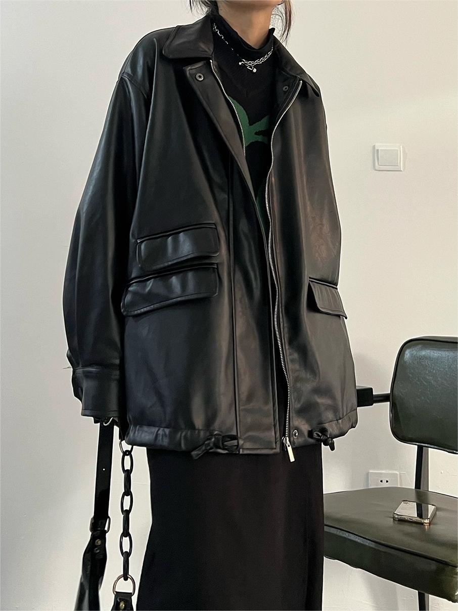 Retro Oversized Schwarze Faux Lederjacke mit Reißverschluss