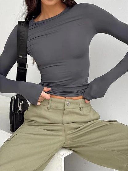 Basic Solid Color Slim Long Sleeve Crop Top