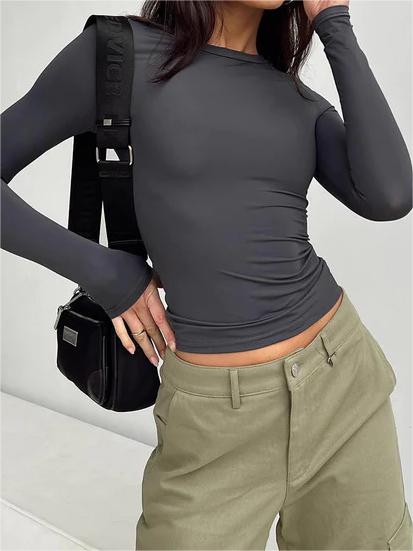 Basic Solid Color Slim Long Sleeve Crop Top