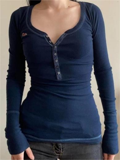 Vintage Navy Blue Long Sleeve Rib Top with V Neck