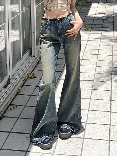 Vintage Distressed Washed Low Waist Flare Jeans