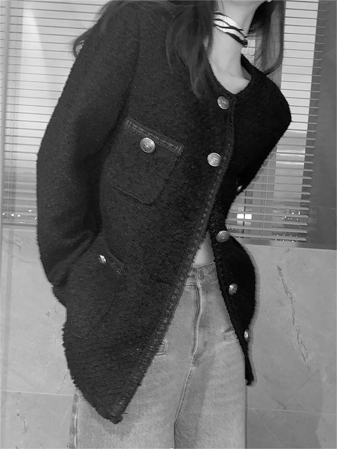 Vintage Schwarze Tweed Jacke mit Knopfleiste