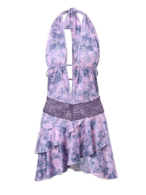 Purple Y2k Plunge Neck Mini Dress with Lace and Print