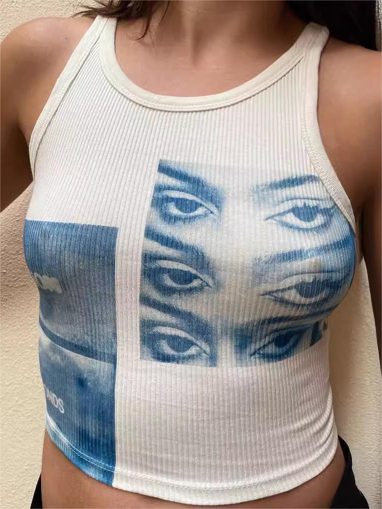 White Crop Tank Top with Staring Eye Graphic