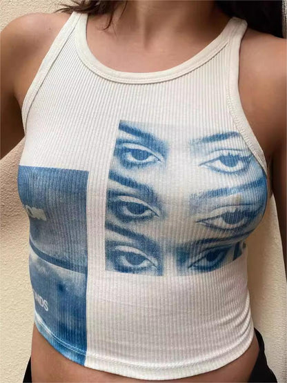 White Crop Tank Top with Staring Eye Graphic