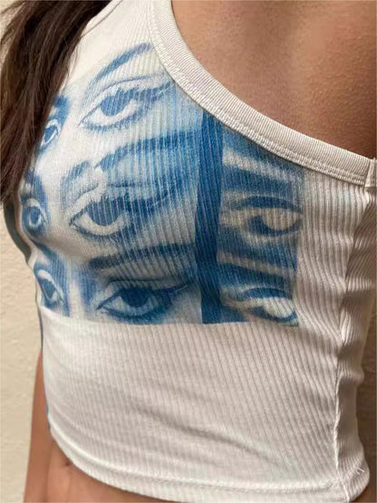 White Crop Tank Top with Staring Eye Graphic