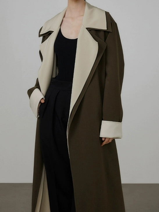 Contrast Lapel Faux Two-Piece Long Coat with Belt