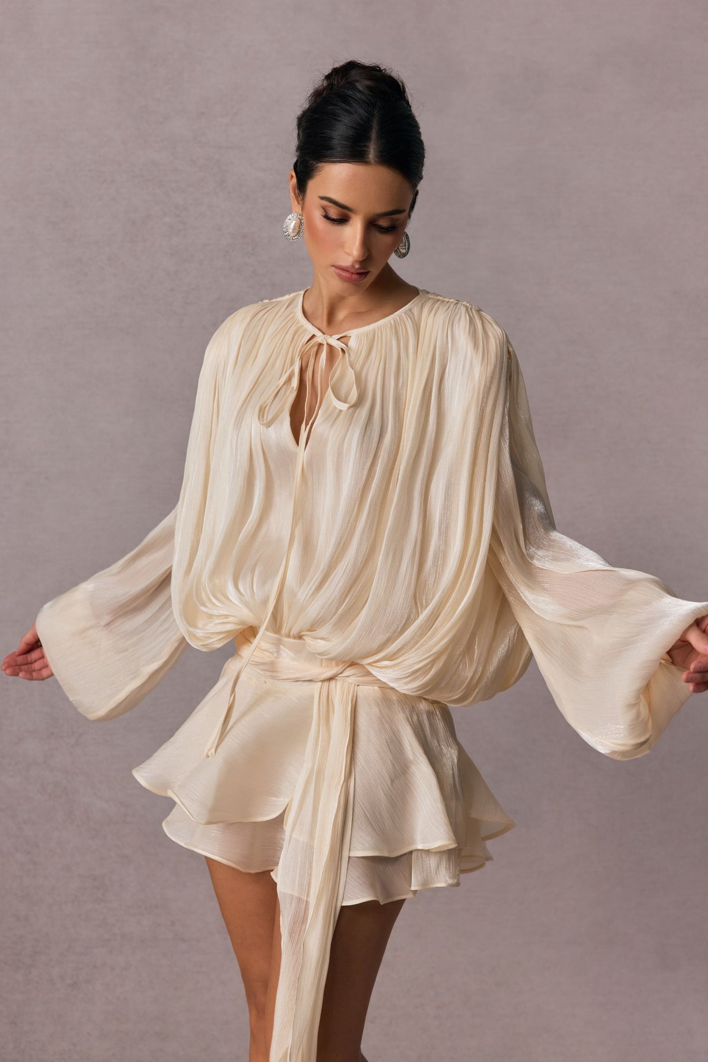 Pleated Blouse with Tie Neck for Women - Fulvia
