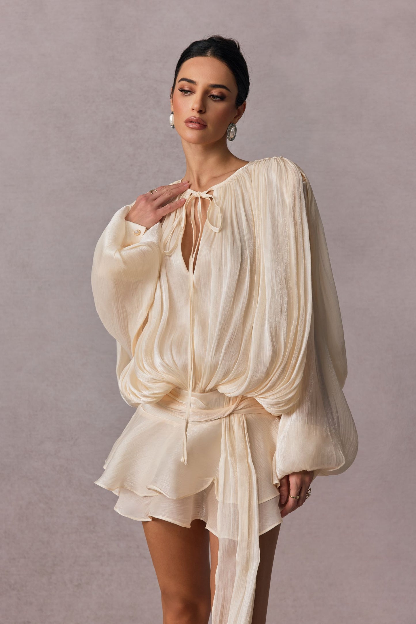 Pleated Blouse with Tie Neck for Women - Fulvia