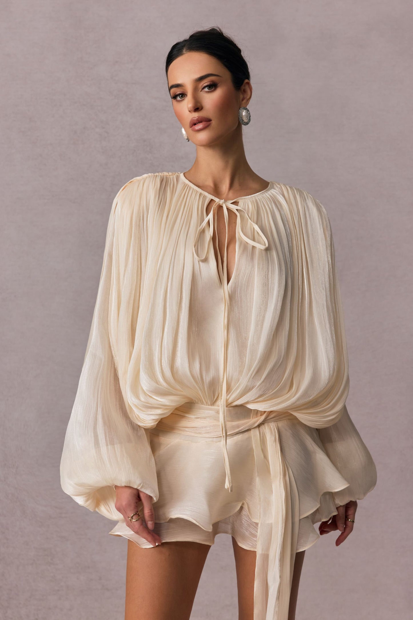 Pleated Blouse with Tie Neck for Women - Fulvia