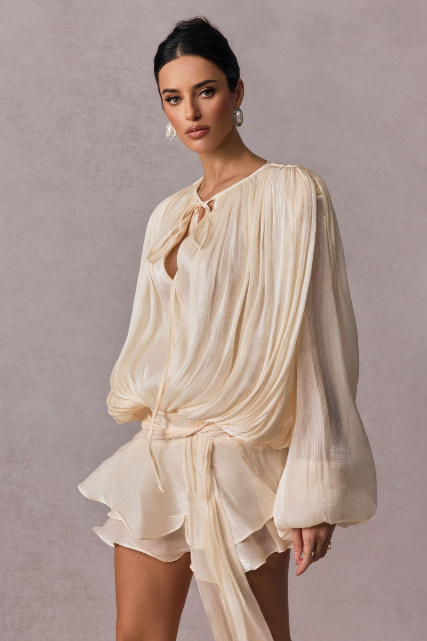 Pleated Blouse with Tie Neck for Women - Fulvia