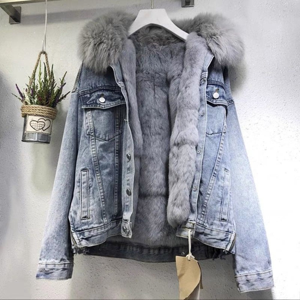 Denim Jacket with Faux Fur Hood for Women - Floriana