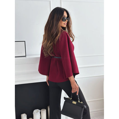 Belted Cape Coat with Wide Sleeves for Women - Zita