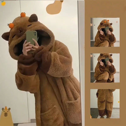 Brown Fleece Hooded Dressing Gown with Animal Ears for Women - Paola