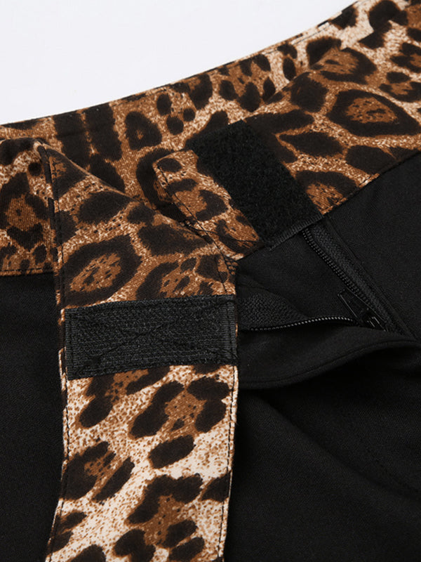 Leopard Splice Elastic Waist Flare Leg Pants