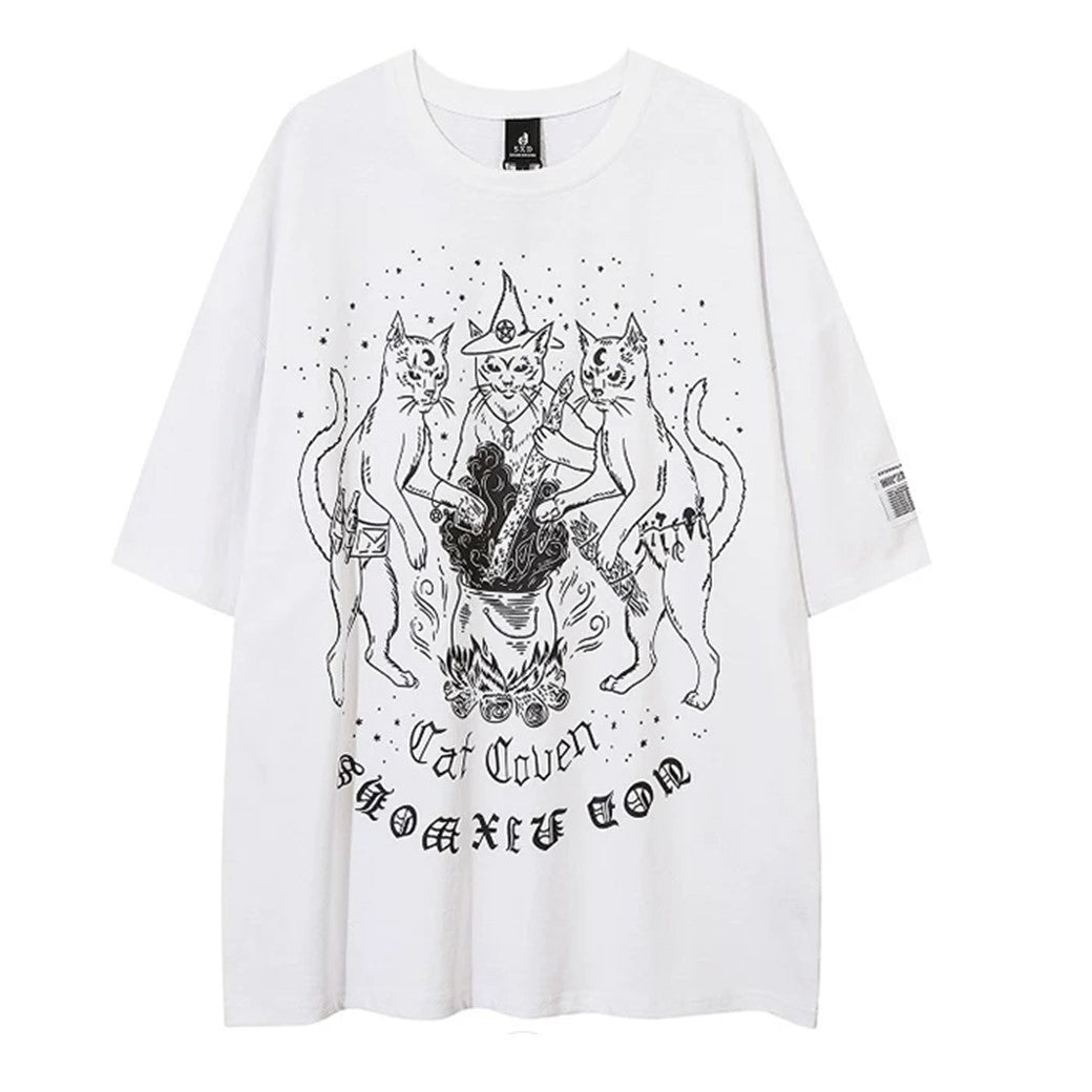 Camiseta de manga corta con estampado de gato y diseño punk de tormenta de arena para hombre