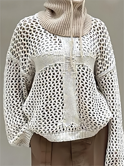 White Long Sleeve Crochet Knit Top with Cross Logo