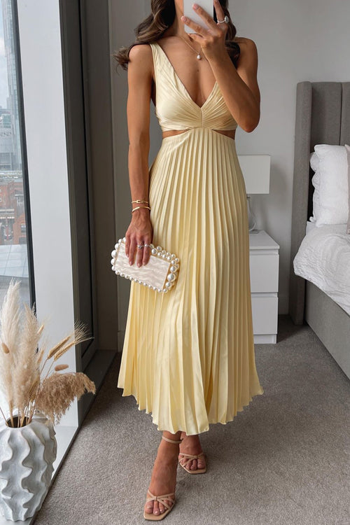 Yellow Pleated Maxi Dress with V-Neck for Women - Rosella