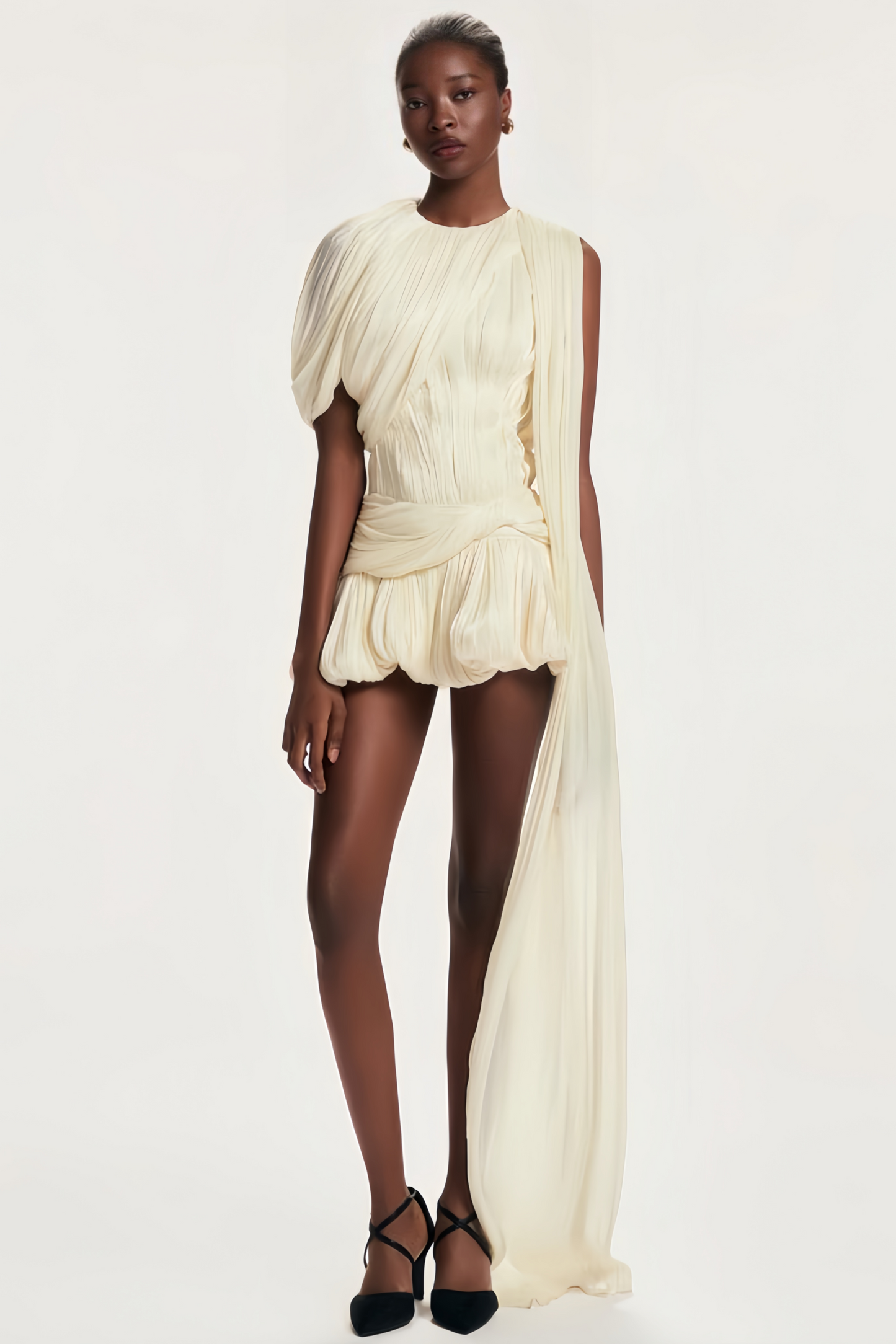 Ivory Pleated Mini Dress with Sash for Women - Elisa