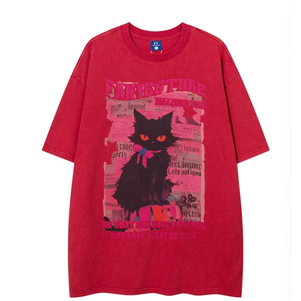 Camiseta de manga corta con estampado de gato Y2k en color de contraste