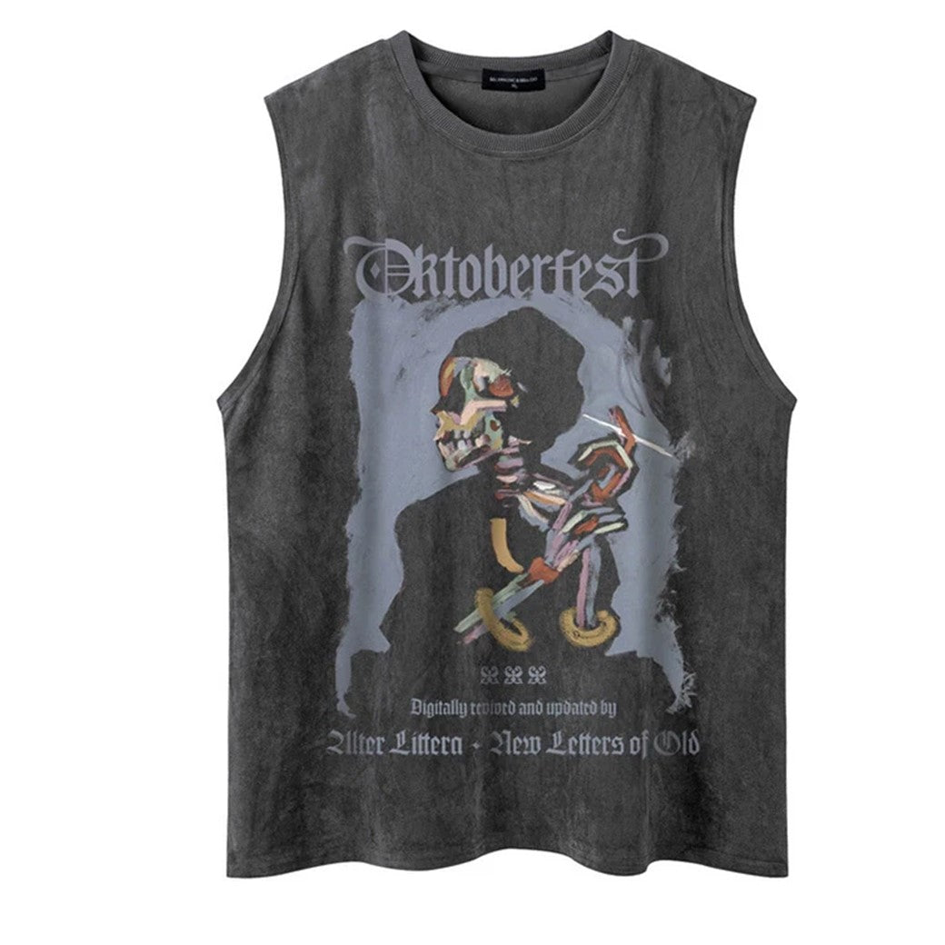 Men Punk Oversized Front Skull illustration Design Tank Top