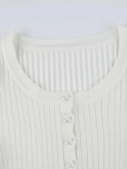 White Vintage Breasted Ribbed Long Sleeve Knit