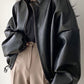 Vintage Schwarze Lederjacke mit Kordelzug und Kragenkragen