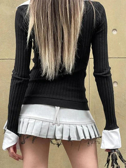 Contrast Color Y2K Polo Neck Splice Faux Two Piece Long Sleeve Knit