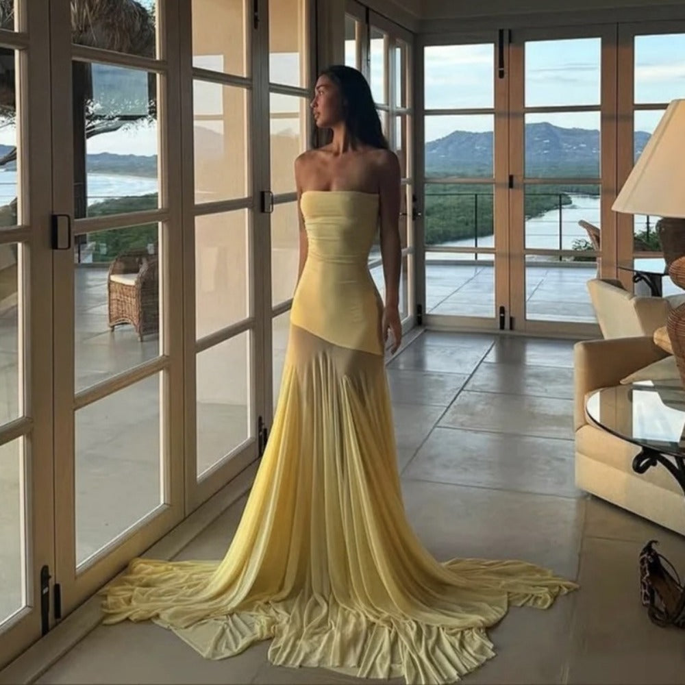 Yellow Strapless Maxi Dress with Sheer Mesh Skirt for Women - Melania