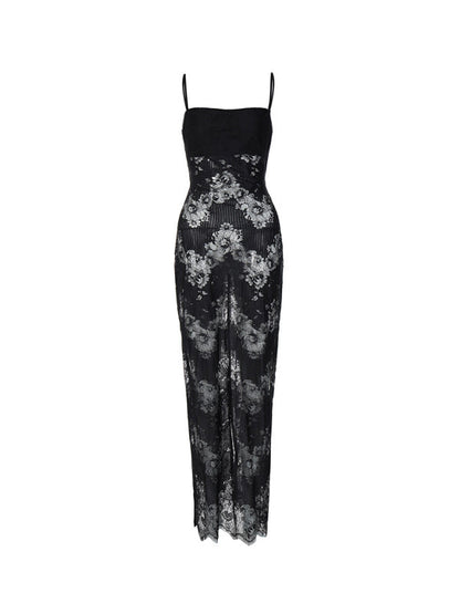 Black Lace Backless Lacing Slim Maxi Dress