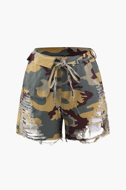 Retro Camo Destroyed Tie Up Cargo Shorts