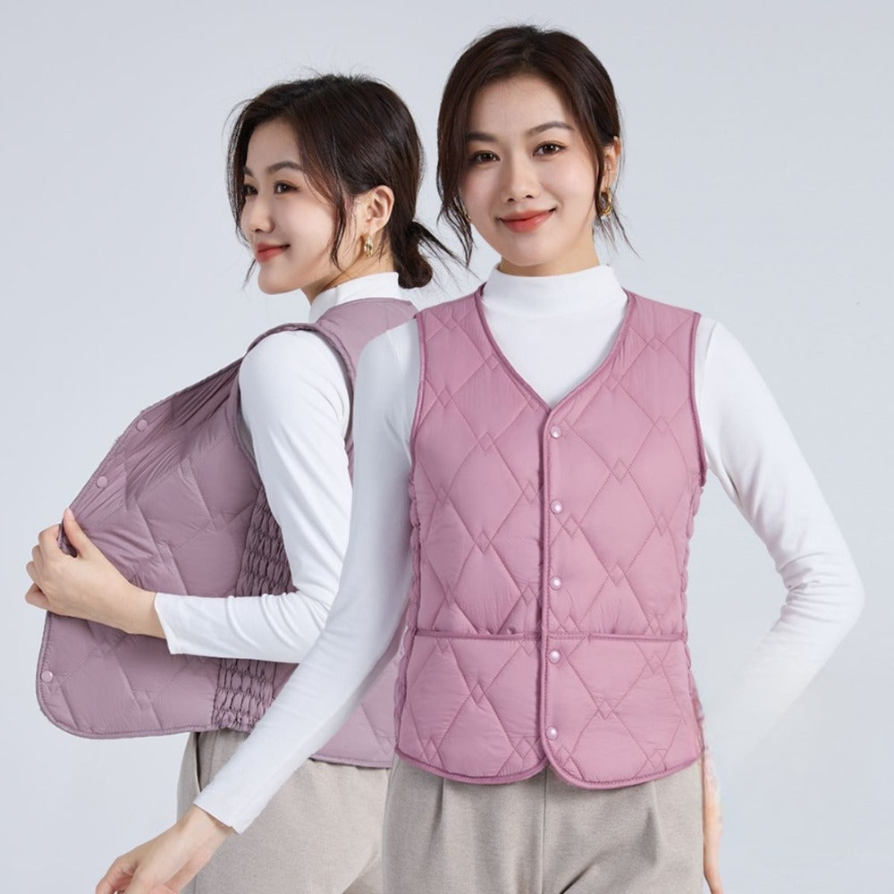 Quilted Puffer Vest with Button Closure for Women - Melissa