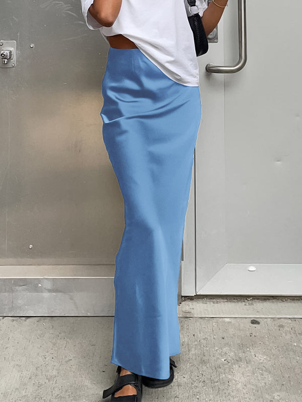 Blue French Satin Drape Maxi Skirt