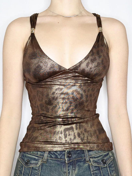 Vintage Backless Cami Top with Leopard Print