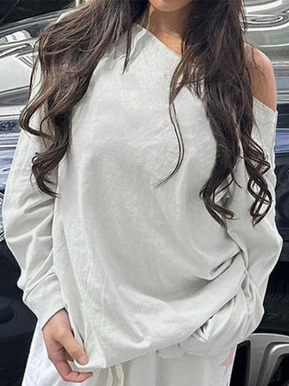 White Y2K Oversized One Shoulder Long Sleeve Tee