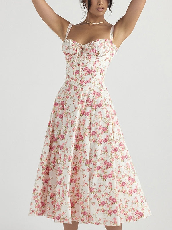 French Ditsy Floral Print Breasted Slim Midi Dress