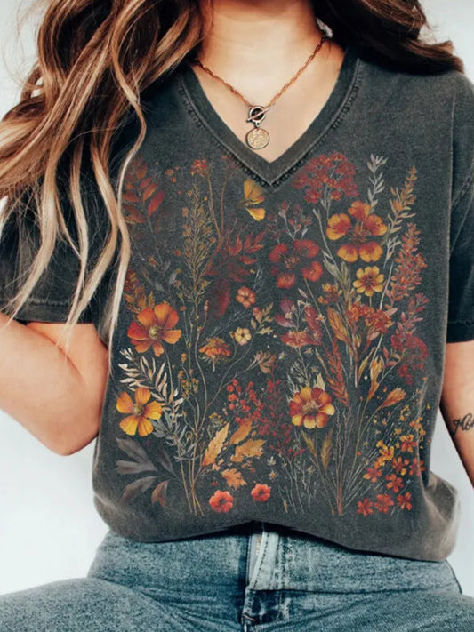 Black 90s Floral Print Oversized Short Sleeve Tee
