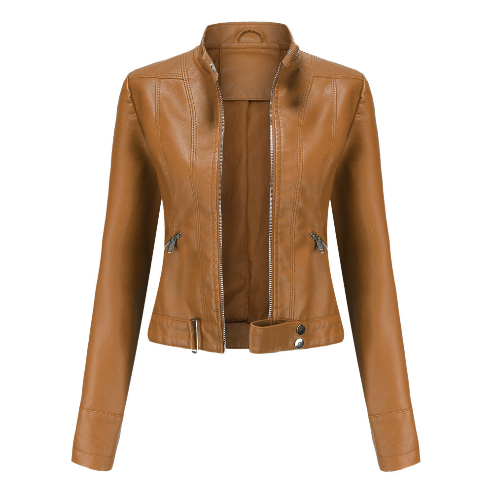 Women's Stand Collar Leather Jacket | Zip