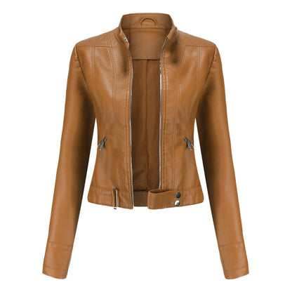 Women's Stand Collar Leather Jacket | Zip