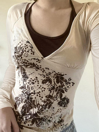 Apricot Retro Print Halter Long Sleeve Tee